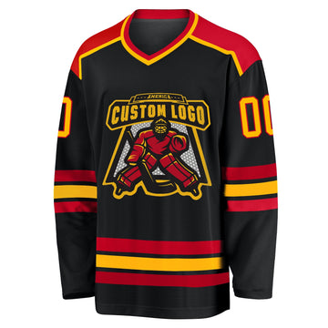 Uksn Individuelles Schwarz Gold-Rot Eishockey-Trikot