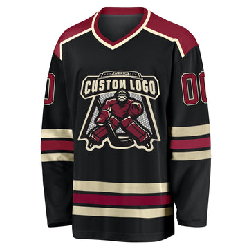 Uksn Individuelles Schwarz Karmesinrot-Creme Eishockey-Trikot