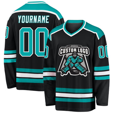 Uksn Individuelles Schwarz Aqua-Weiß Eishockey-Trikot