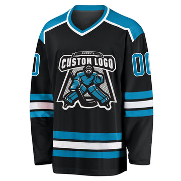 Uksn Individuelles Schwarz Pantherblau-Weiß Eishockey-Trikot