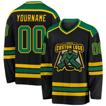Laden Sie das Bild in den Galerie-Viewer, Uksn Individuelles Schwarz Kelly-Grün-Gold Eishockey-Trikot
