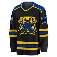 Laden Sie das Bild in den Galerie-Viewer, Uksn Individuelles Schwarz Royalblau-Gold Eishockey-Trikot
