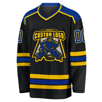Uksn Individuelles Schwarz Royalblau-Gold Eishockey-Trikot