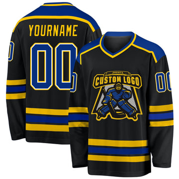 Uksn Individuelles Schwarz Royalblau-Gold Eishockey-Trikot