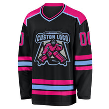 Laden Sie das Bild in den Galerie-Viewer, Uksn Individuelles Schwarz Hot Pink-Hellblau Eishockey-Trikot
