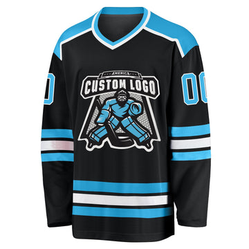 Uksn Individuelles Schwarz Himmelblau-Weiß Eishockey-Trikot