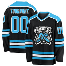 Laden Sie das Bild in den Galerie-Viewer, Uksn Individuelles Schwarz Himmelblau-Weiß Eishockey-Trikot
