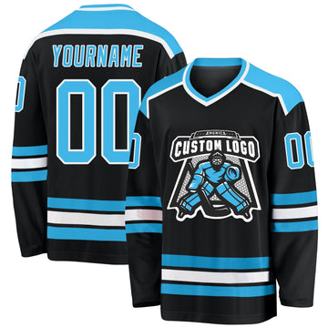 Uksn Individuelles Schwarz Himmelblau-Weiß Eishockey-Trikot