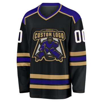 Uksn Individuelles Schwarz Weiß Altgold-Dunkelviolett Eishockey-Trikot