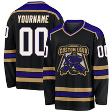 Laden Sie das Bild in den Galerie-Viewer, Uksn Individuelles Schwarz Weiß Altgold-Dunkelviolett Eishockey-Trikot
