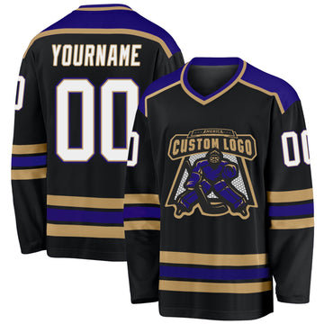 Uksn Individuelles Schwarz Weiß Altgold-Dunkelviolett Eishockey-Trikot
