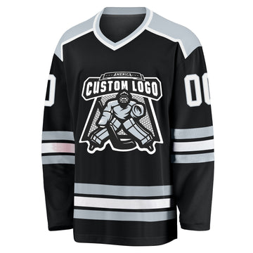 Uksn Individuelles Schwarz Weiß-Silber Eishockey-Trikot