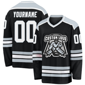 Uksn Individuelles Schwarz Weiß-Silber Eishockey-Trikot
