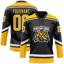 Laden Sie das Bild in den Galerie-Viewer, Uksn Individuelles Schwarz Gold-Weiß Eishockey-Trikot mit Schnürkragen
