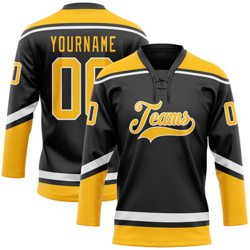 Uksn Individuelles Schwarz Gold-Weiß Eishockey-Trikot mit Schnürkragen
