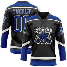 Laden Sie das Bild in den Galerie-Viewer, Uksn Individuelles Schwarz Royalblau-Weiß Eishockey-Trikot mit Schnürkragen
