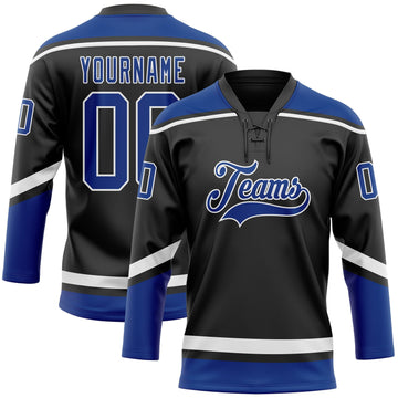 Uksn Individuelles Schwarz Royalblau-Weiß Eishockey-Trikot mit Schnürkragen