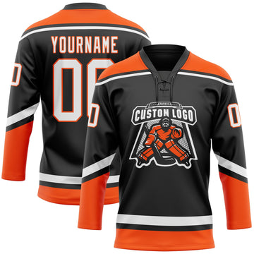 Uksn Individuelles Schwarz Weiß-Orange Eishockey-Trikot mit Schnürkragen