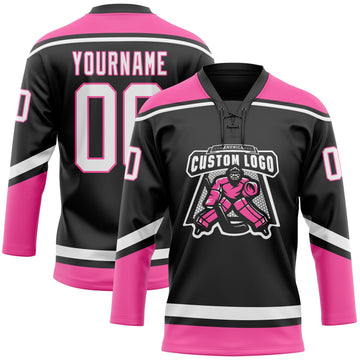 Uksn Individuelles Schwarz Weiß-Pink Eishockey-Trikot mit Schnürkragen