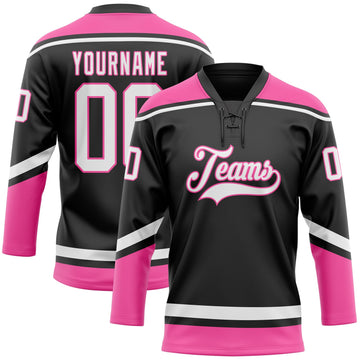 Uksn Individuelles Schwarz Weiß-Pink Eishockey-Trikot mit Schnürkragen