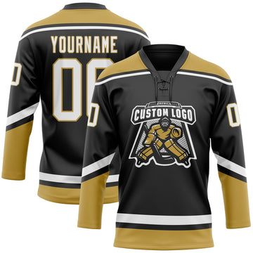 Uksn Individuelles Schwarz Weiß-Altgold Eishockey-Trikot mit Schnürkragen