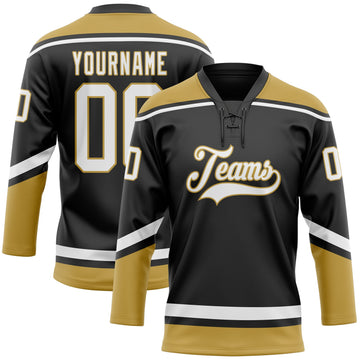 Uksn Individuelles Schwarz Weiß-Altgold Eishockey-Trikot mit Schnürkragen