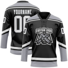 Laden Sie das Bild in den Galerie-Viewer, Uksn Individuelles Schwarz Weiß-Grau Eishockey-Trikot mit Schnürkragen
