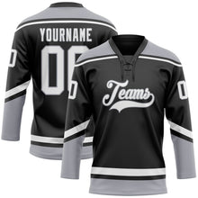 Laden Sie das Bild in den Galerie-Viewer, Uksn Individuelles Schwarz Weiß-Grau Eishockey-Trikot mit Schnürkragen
