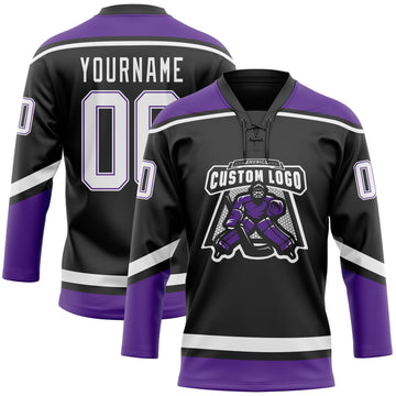Uksn Individuelles Schwarz Weiß-Violett Eishockey-Trikot mit Schnürkragen