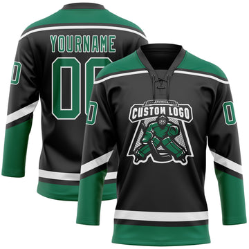 Uksn Individuelles Schwarz Weiß-Kelly-Grün Eishockey-Trikot mit Schnürkragen