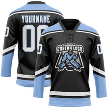 Laden Sie das Bild in den Galerie-Viewer, Uksn Individuelles Schwarz Weiß-Hellblau Eishockey-Trikot mit Schnürkragen
