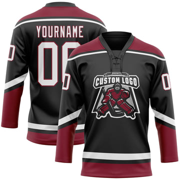 Uksn Individuelles Schwarz Weiß-Karmesinrot Eishockey-Trikot mit Schnürkragen
