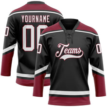 Laden Sie das Bild in den Galerie-Viewer, Uksn Individuelles Schwarz Weiß-Karmesinrot Eishockey-Trikot mit Schnürkragen
