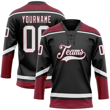 Uksn Individuelles Schwarz Weiß-Karmesinrot Eishockey-Trikot mit Schnürkragen