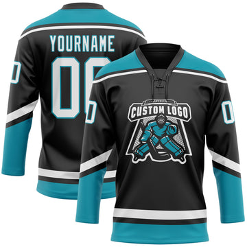 Uksn Individuelles Schwarz Weiß-Petrol Eishockey-Trikot mit Schnürkragen