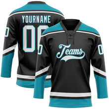 Laden Sie das Bild in den Galerie-Viewer, Uksn Individuelles Schwarz Weiß-Petrol Eishockey-Trikot mit Schnürkragen
