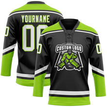 Laden Sie das Bild in den Galerie-Viewer, Uksn Individuelles Schwarz Weiß-Neongrün Eishockey-Trikot mit Schnürkragen
