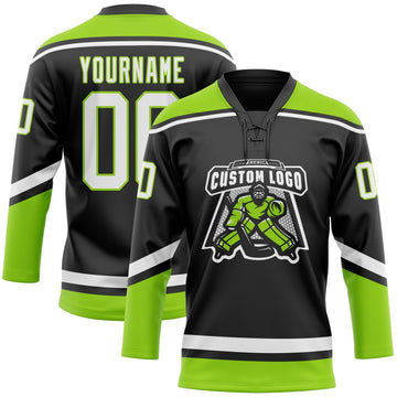 Uksn Individuelles Schwarz Weiß-Neongrün Eishockey-Trikot mit Schnürkragen