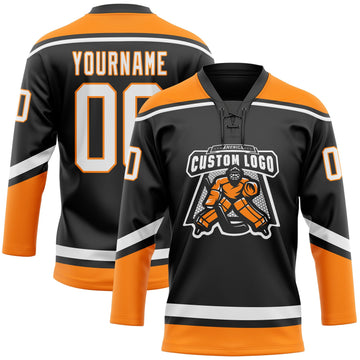 Uksn Individuelles Schwarz Weiß-Bay Orange Eishockey-Trikot mit Schnürkragen