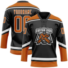 Laden Sie das Bild in den Galerie-Viewer, Uksn Individuelles Schwarz Texas-Orange-Weiß Eishockey-Trikot mit Schnürkragen
