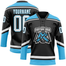 Laden Sie das Bild in den Galerie-Viewer, Uksn Individuelles Schwarz Weiß-Himmelblau Eishockey-Trikot mit Schnürkragen
