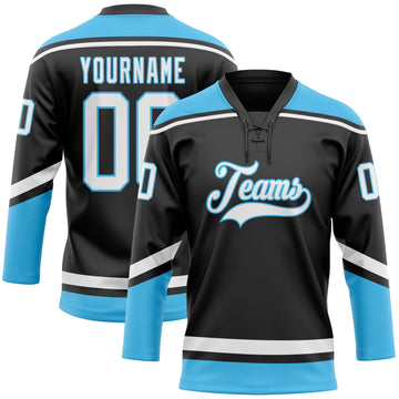 Uksn Individuelles Schwarz Weiß-Himmelblau Eishockey-Trikot mit Schnürkragen