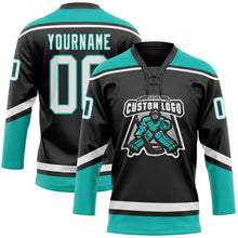 Laden Sie das Bild in den Galerie-Viewer, Uksn Individuelles Schwarz Weiß-Aqua Eishockey-Trikot mit Schnürkragen
