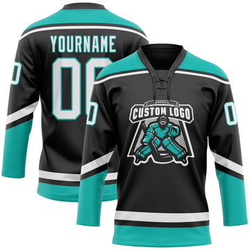 Uksn Individuelles Schwarz Weiß-Aqua Eishockey-Trikot mit Schnürkragen