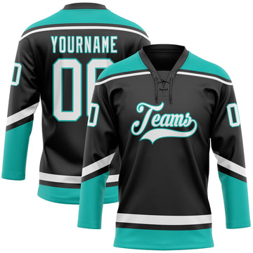 Uksn Individuelles Schwarz Weiß-Aqua Eishockey-Trikot mit Schnürkragen