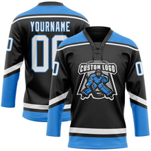 Laden Sie das Bild in den Galerie-Viewer, Uksn Individuelles Schwarz Weiß-Puderblau Eishockey-Trikot mit Schnürkragen
