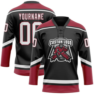 Uksn Individuelles Schwarz Weiß-Kardinalrot Eishockey-Trikot mit Schnürkragen