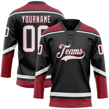 Laden Sie das Bild in den Galerie-Viewer, Uksn Individuelles Schwarz Weiß-Kardinalrot Eishockey-Trikot mit Schnürkragen
