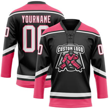 Laden Sie das Bild in den Galerie-Viewer, Uksn Individuelles Schwarz Weiß-Neonpink Eishockey-Trikot mit Schnürkragen
