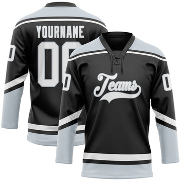 Uksn Individuelles Schwarz Weiß-Silber Eishockey-Trikot mit Schnürkragen